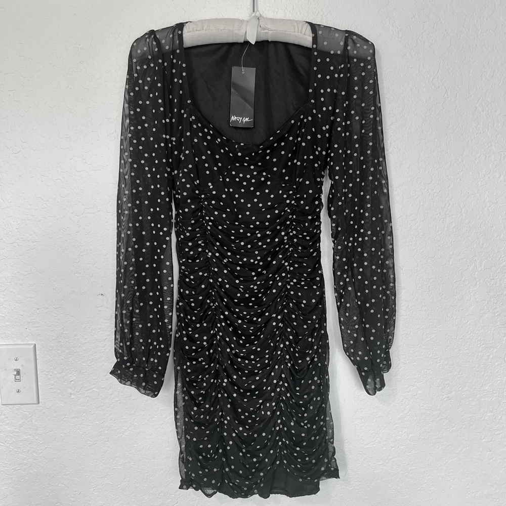 NWT Nasty Gal B&W Mesh Polka Dot Mini Dress in size Medium